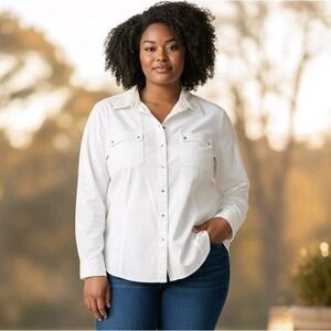 Anne Klein Shirt Womens Plus Size 16W White Roll Sleeve Stretch Woven Snap Front